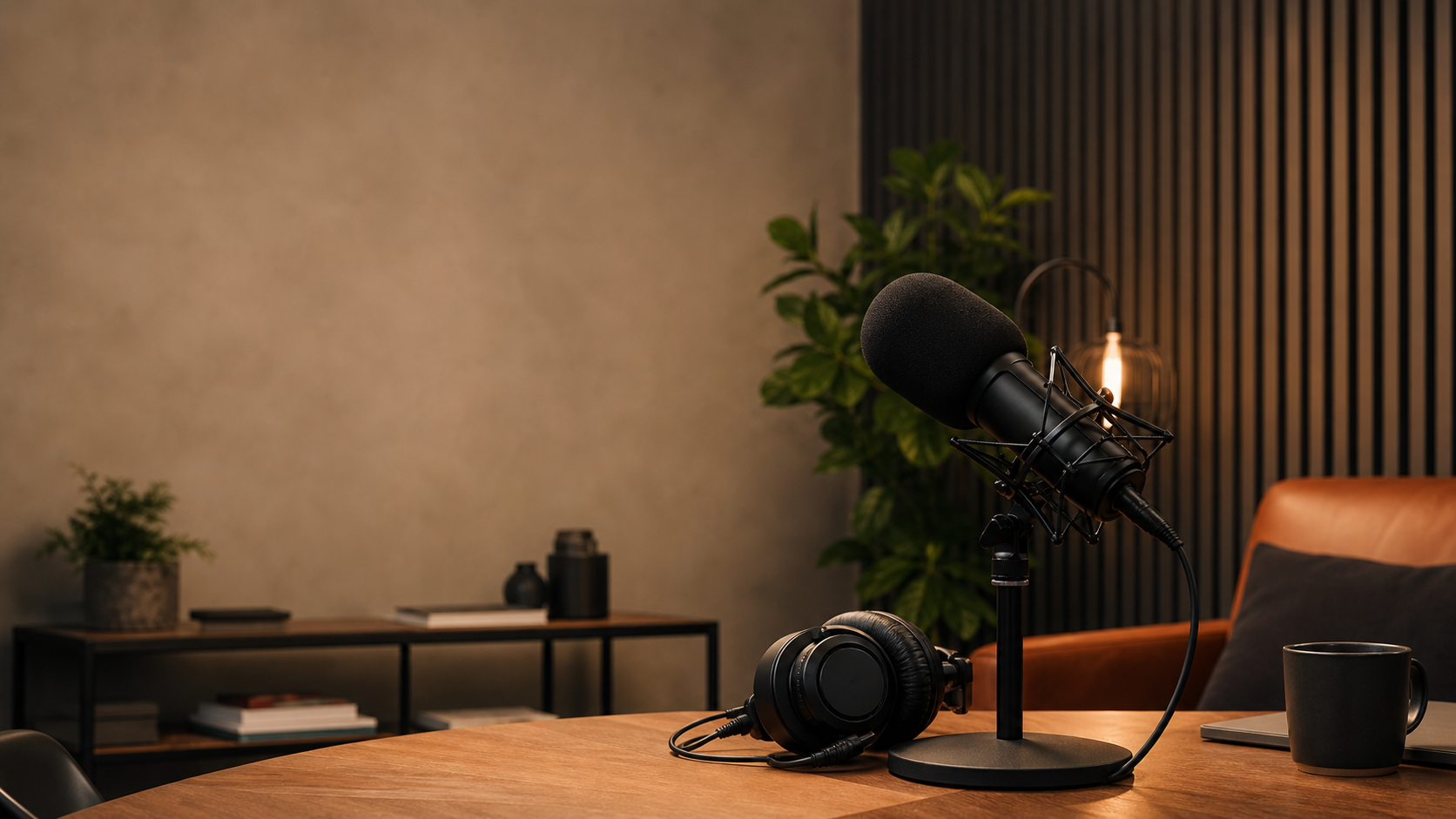 A warm podcast studio with a microphone and headphones